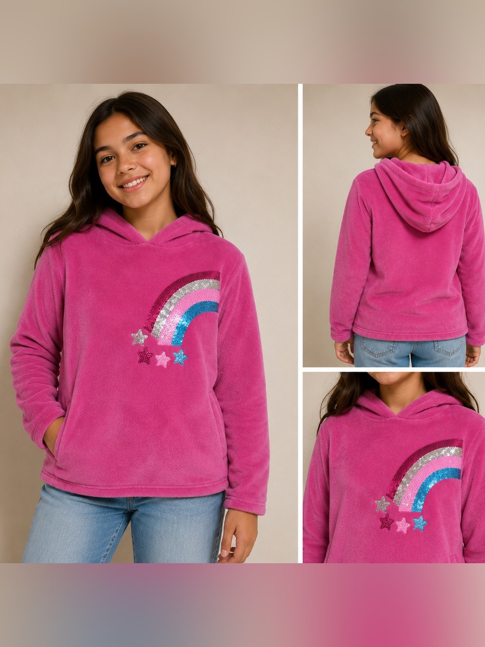 Kids Plush Hoodie with Sequin Rainbow - Pink